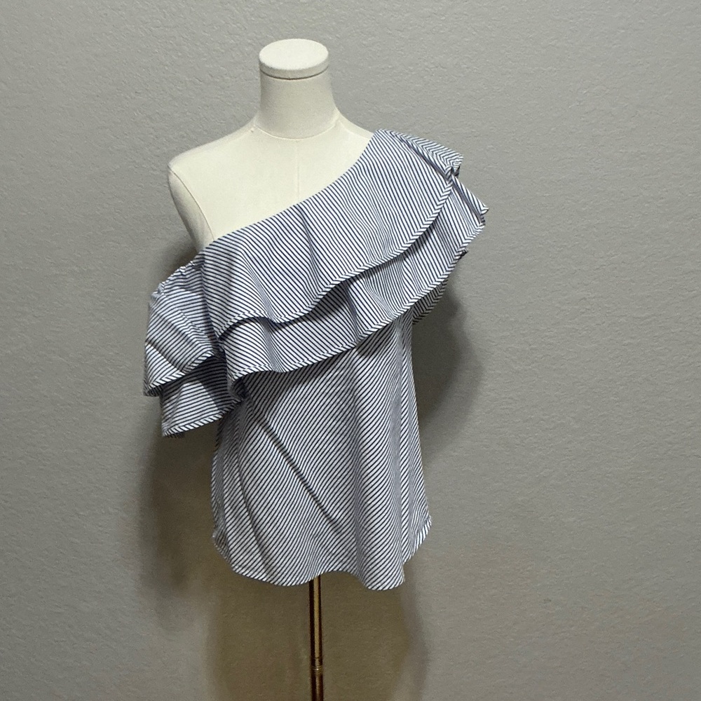 White House Black Market Blue and White One-Shoulder Ruffle Blouse